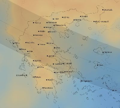 Map of the average cloud coverage across Greece for the solar eclipse of 09/27/2220