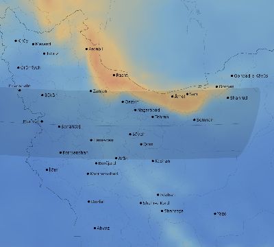 Map of the average cloud coverage across Iran for the solar eclipse of 09/27/2220
