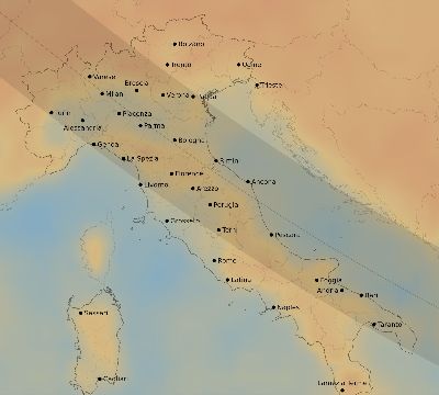 Map of the average cloud coverage across Italy for the solar eclipse of 09/27/2220