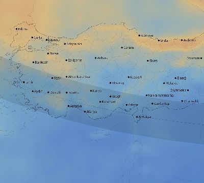 Map of the average cloud coverage across Turkey for the solar eclipse of 09/27/2220
