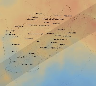 Map of the average cloud coverage across Afghanistan for the solar eclipse of 02/12/2222