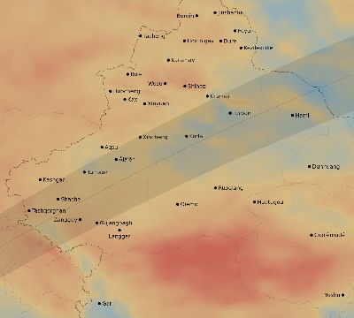 Map of the average cloud coverage across China for the solar eclipse of 02/12/2222