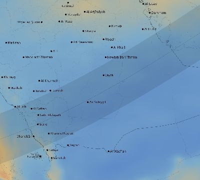 Map of the average cloud coverage across Saudi Arabia for the solar eclipse of 02/12/2222