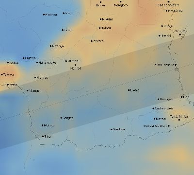 Map of the average cloud coverage across Tanzania for the solar eclipse of 08/08/2222