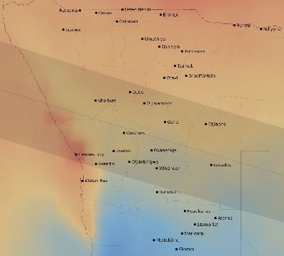 Map of the average cloud coverage across Namibia for the solar eclipse of 02/01/2223