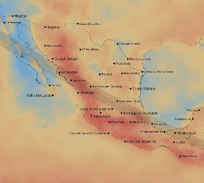 Map of the average cloud coverage across Mexico for the solar eclipse of 07/28/2223