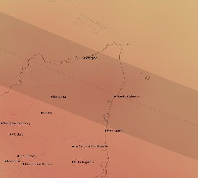 Map of the average cloud coverage across Nicaragua for the solar eclipse of 07/28/2223