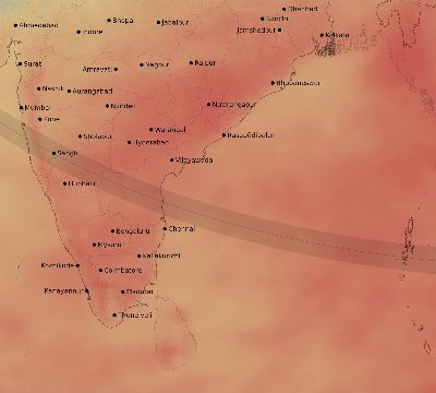 Map of the average cloud coverage across India for the solar eclipse of 09/18/2229