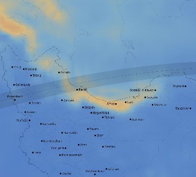 Map of the average cloud coverage across Iran for the solar eclipse of 07/08/2233