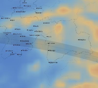 Map of the average cloud coverage across Tajikistan for the solar eclipse of 07/08/2233