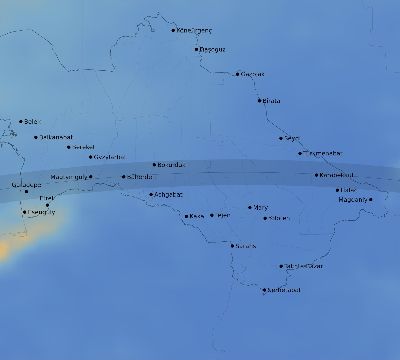 Map of the average cloud coverage across Turkmenistan for the solar eclipse of 07/08/2233