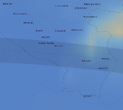 Map of the average cloud coverage across Uzbekistan for the solar eclipse of 07/08/2233