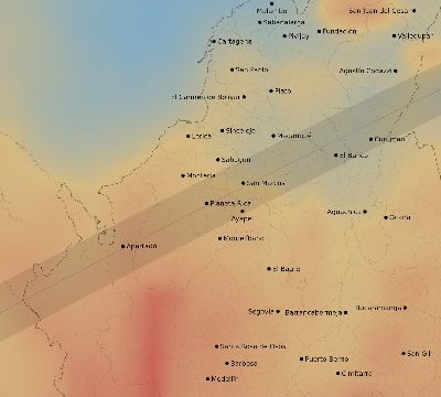 Map of the average cloud coverage across Colombia for the solar eclipse of 12/31/2233
