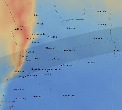Map of the average cloud coverage across Angola for the solar eclipse of 06/27/2234