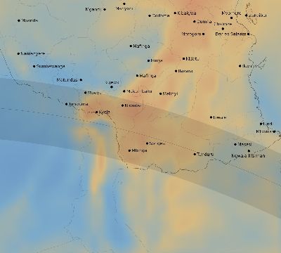 Map of the average cloud coverage across Tanzania for the solar eclipse of 06/27/2234