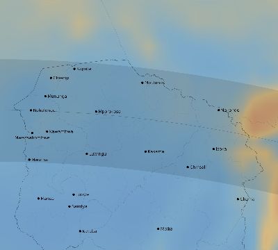 Map of the average cloud coverage across Zambia for the solar eclipse of 06/27/2234
