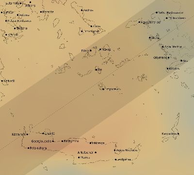 Map of the average cloud coverage across Greece for the solar eclipse of 12/21/2234