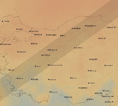 Map of the average cloud coverage across Turkey for the solar eclipse of 12/21/2234