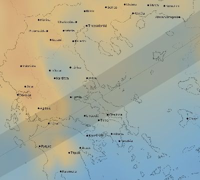 Map of the average cloud coverage across Greece for the solar eclipse of 05/06/2236