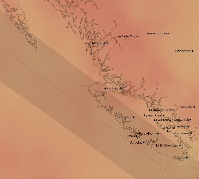 Map of the average cloud coverage across Canada for the solar eclipse of 10/08/2238