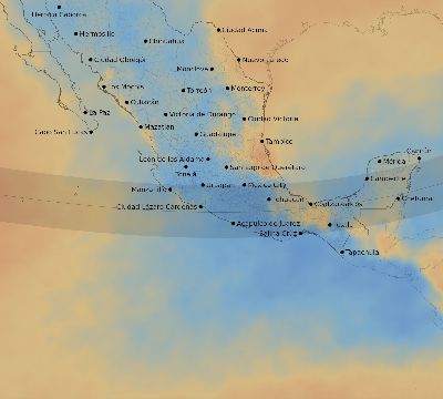 Map of the average cloud coverage across Mexico for the solar eclipse of 02/23/2240