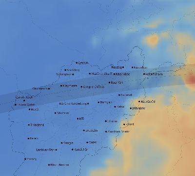 Map of the average cloud coverage across Afghanistan for the solar eclipse of 08/08/2241