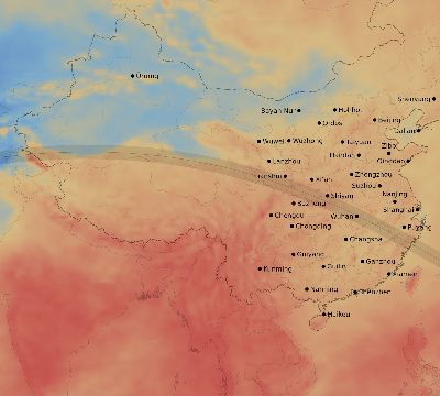 Map of the average cloud coverage across China for the solar eclipse of 08/08/2241