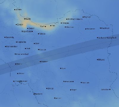 Map of the average cloud coverage across Iran for the solar eclipse of 08/08/2241