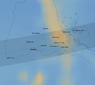 Map of the average cloud coverage across Eritrea for the solar eclipse of 12/12/2243