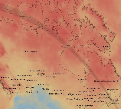 Map of the average cloud coverage across Canada for the solar eclipse of 09/29/2247