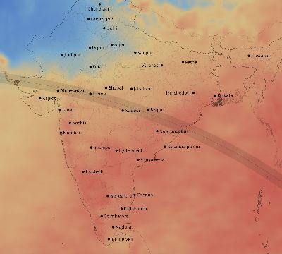 Map of the average cloud coverage across India for the solar eclipse of 09/18/2248
