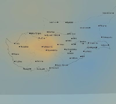 Map of the average cloud coverage across Cyprus for the solar eclipse of 03/15/2249