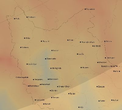 Map of the average cloud coverage across Iran for the solar eclipse of 03/15/2249