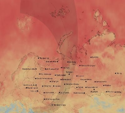 Map of the average cloud coverage across Russia for the solar eclipse of 03/15/2249