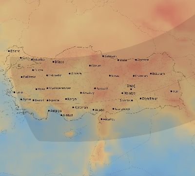 Map of the average cloud coverage across Turkey for the solar eclipse of 03/15/2249