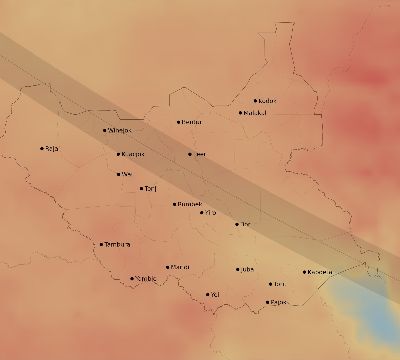 Map of the average cloud coverage across South Sudan for the solar eclipse of 07/19/2251