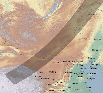 Map of the eclipse path across China on 05/27/1500