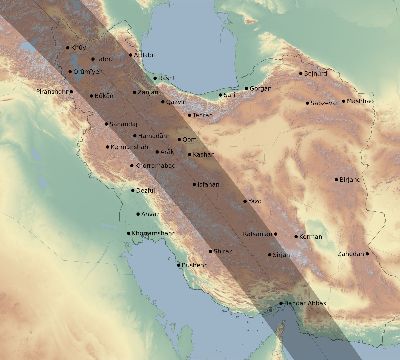 Map of the eclipse path across Iran on 10/01/1502