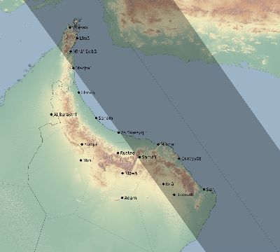 Map of the eclipse path across Oman on 10/01/1502