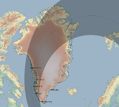 Map of the eclipse path across Greenland on 07/30/1505