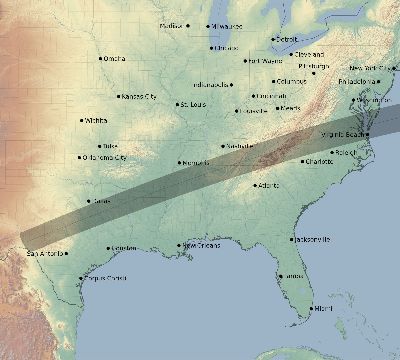 Map of the eclipse path across United States on 07/20/1506