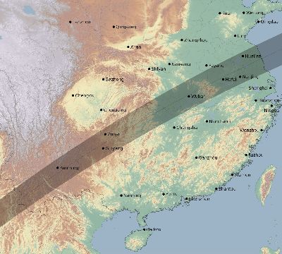 Map of the eclipse path across China on 01/13/1507