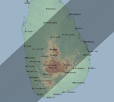Map of the eclipse path across Sri Lanka on 01/13/1507