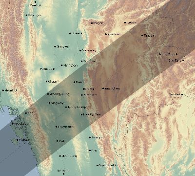 Map of the eclipse path across Myanmar on 01/13/1507
