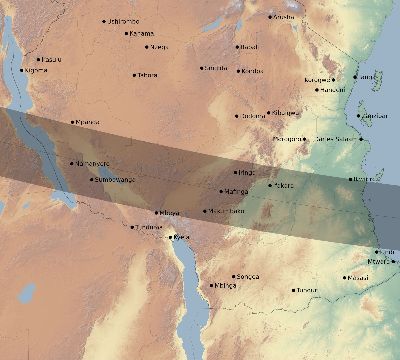 Map of the eclipse path across Tanzania on 01/13/1507