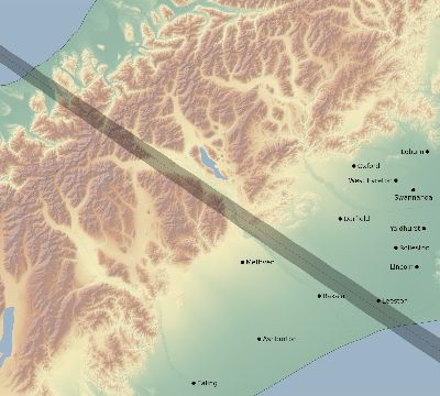 Map of the eclipse path across New Zealand on 07/10/1507