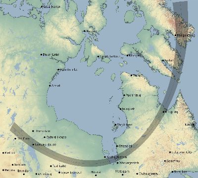 Map of the eclipse path across Canada on 01/02/1508