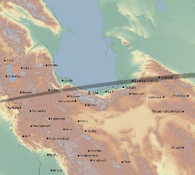 Map of the eclipse path across Iran on 03/07/1513