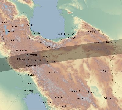 Map of the eclipse path across Iran on 08/20/1514