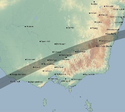 Map of the eclipse path across Australia on 06/30/1516